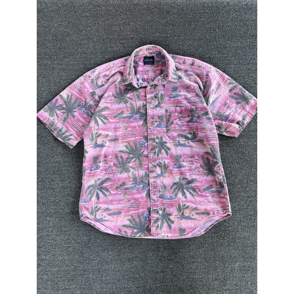 Vintage American Blue Hawaiian shirt Size Large Made In USA *MISSING BUTTON*